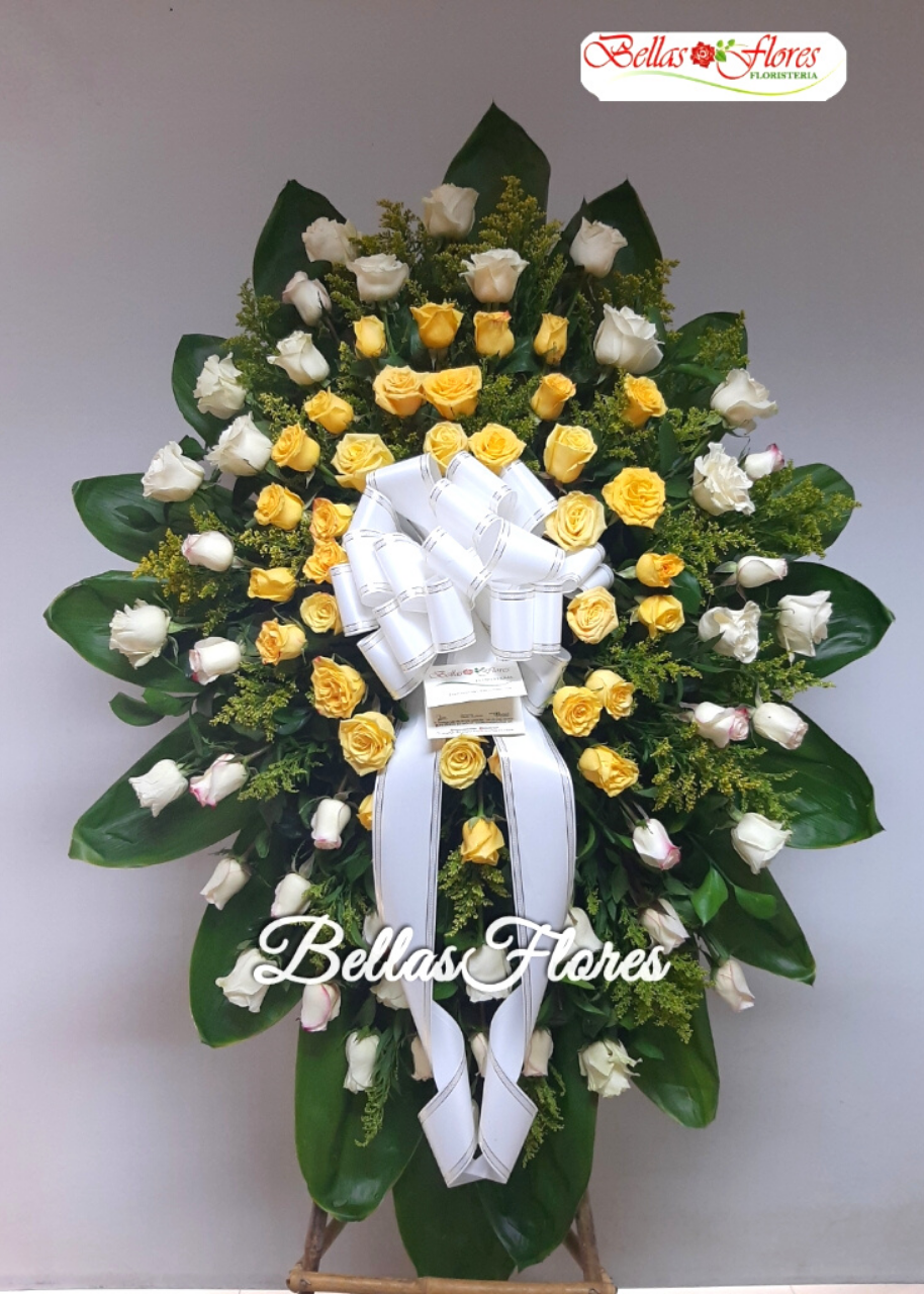 Corona Funebre Rosas Blancas y Amarillas - Floristería Flores Bellas